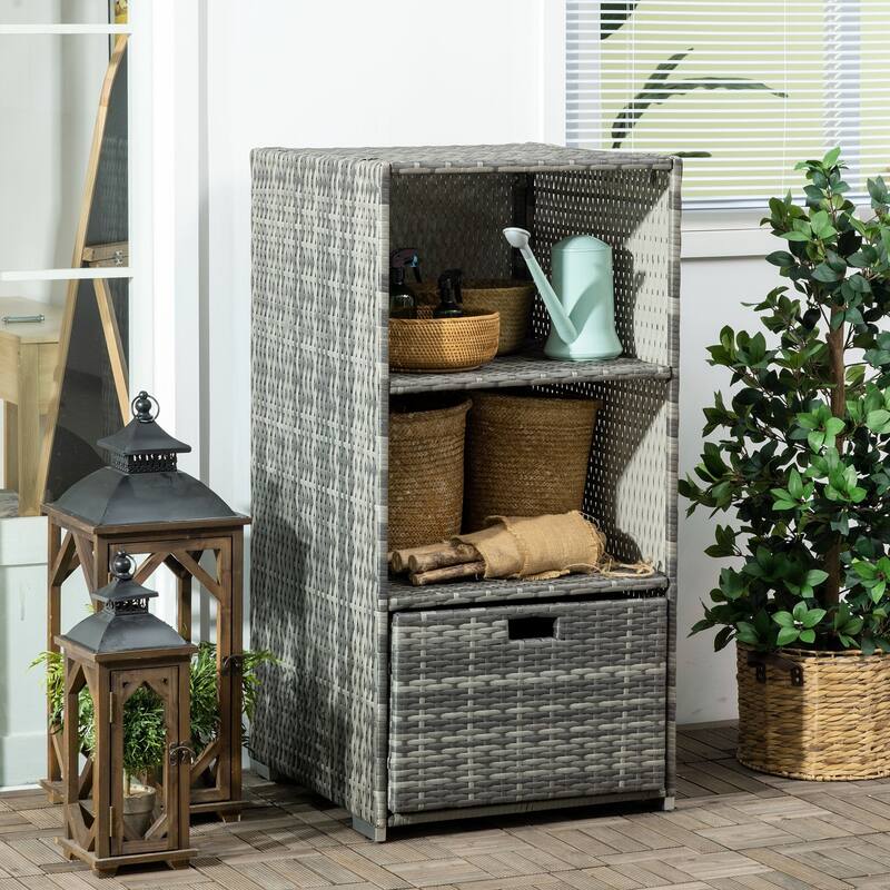 Outsunny Valet Pool Towel Rack, Waterproof PE plastic Rattan Wicker, Indoor Outdoor Spa, and Hot Tub Accessory Storage - Grey