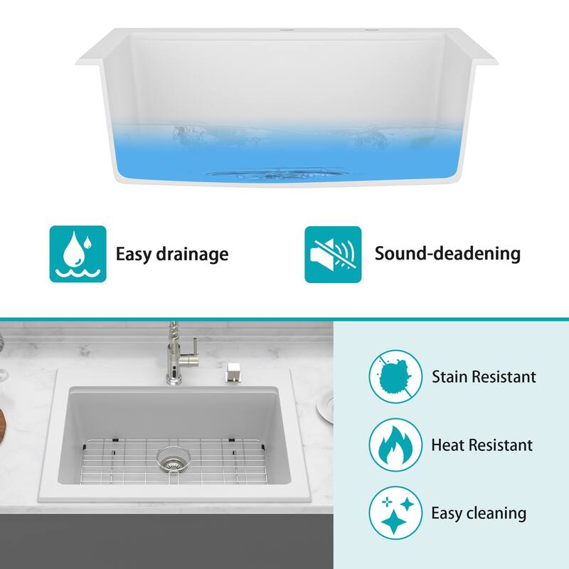 30" Drop-In Single Bowl Quartz Kitchen Sink with Pull-Out Faucet in White - 30'' x 22'' x 10''