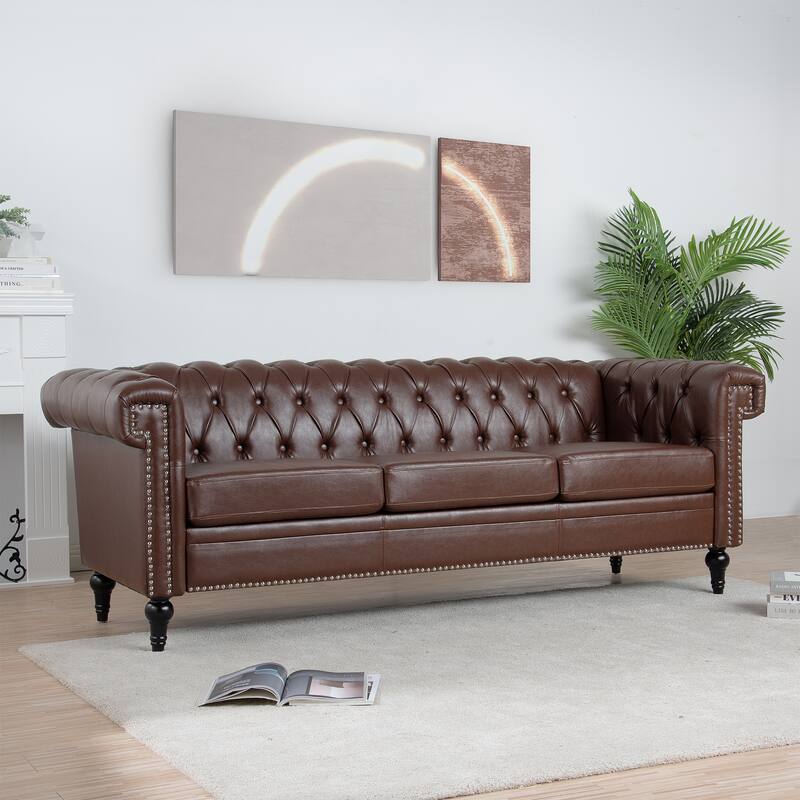 PU Leather 3 Seater Sofa, Upholstered Sofa with Rolled Arms & Removable Cushion, Lounge Sofa with Studs Trim & Wooden Legs - Dark Brown