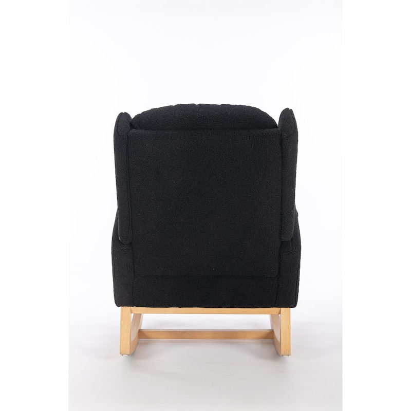 Glider Rocking Chair with Wing Back, Teddy Leisure Chair with Wood Legs, Upholstered Rocker Chair with Side Pocket
