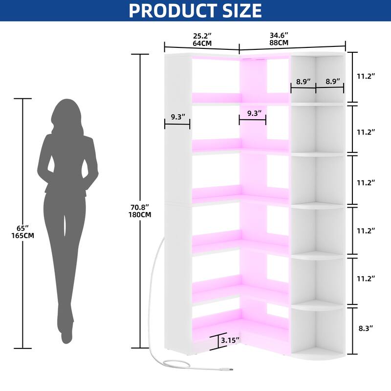 Moasis 70" Tall 6-Tier LED Corner Bookshelf L-Shaped Bookcase with Shelves for Living Room