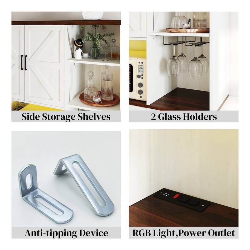 Multifunctional Kitchen Pantry Sideboard with Cabinet and Drawer, Glass Holder, Microwave Stand with Charging Station