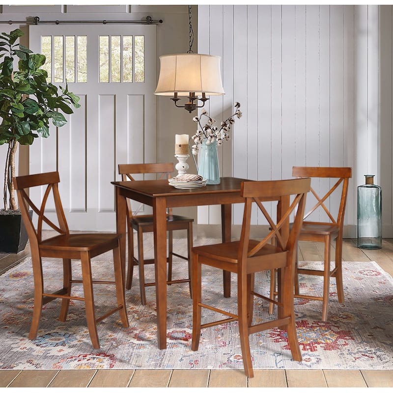 36 x 36 in. Solid Wood Counter Height Dining Table with 4 X-back Stools - 5 Piece Set - Espresso