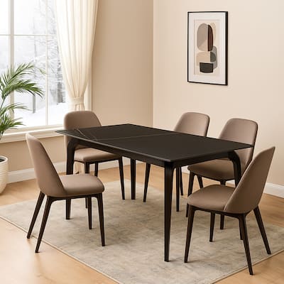 Gower 71 Inch Rectangular Dining Table, Black Stone Top, Black Metal Base