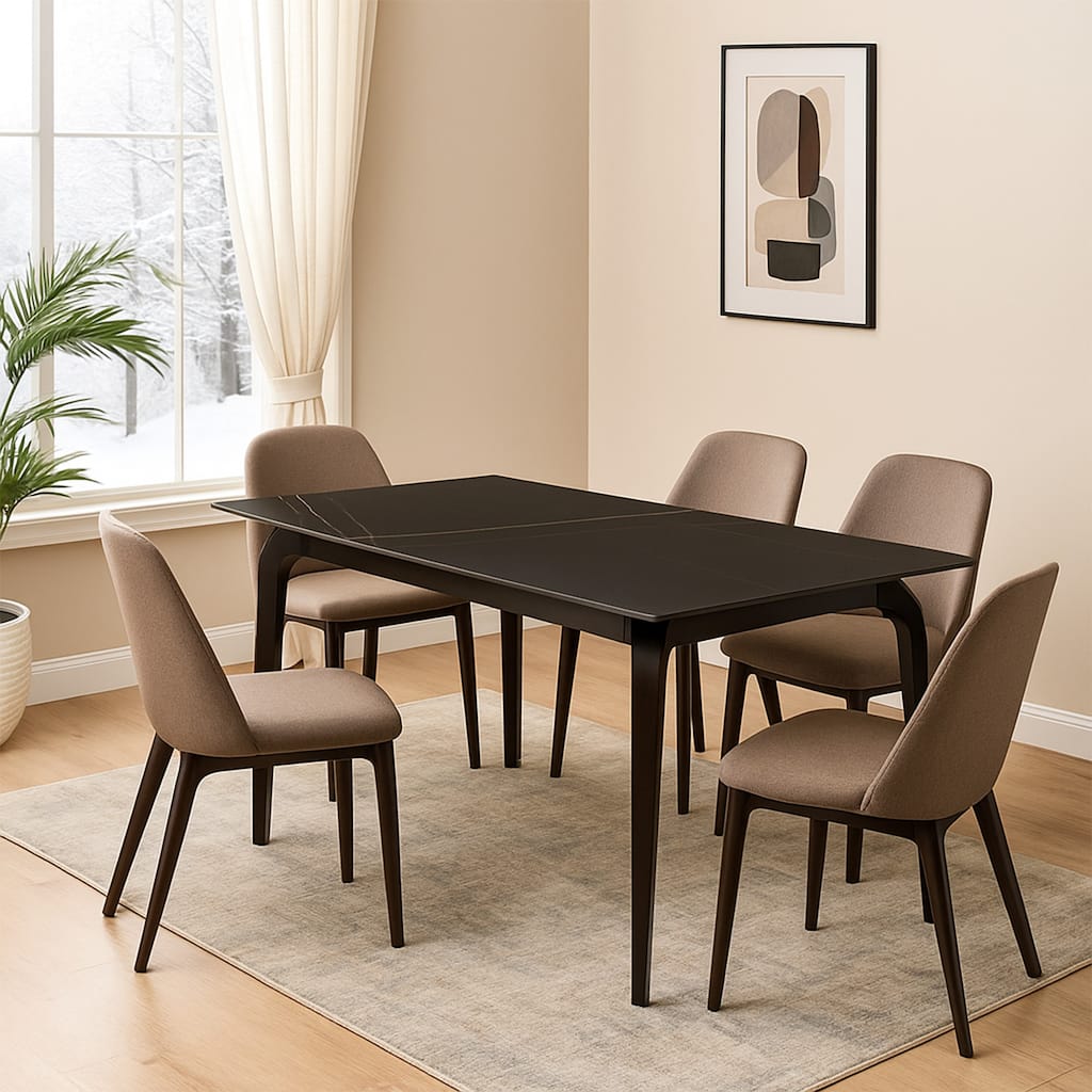 Gower 71 Inch Rectangular Dining Table, Black Stone Top, Black Metal Base