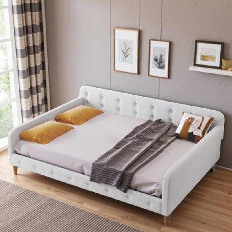 Full Size Linen Upholstered Daybed with Armrests and Sturdy Frame, Modern Sofa Bed with 4 Support Legs - Beige - Full