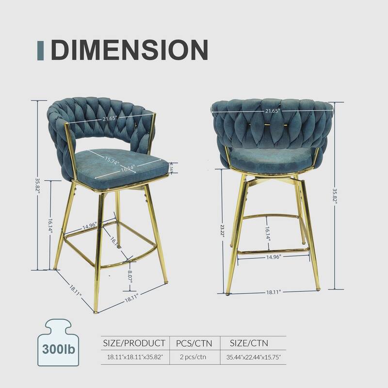 360 Swivel Suede Woven Bar Chair Set of 4, Upholstered Barstools with Metal Base