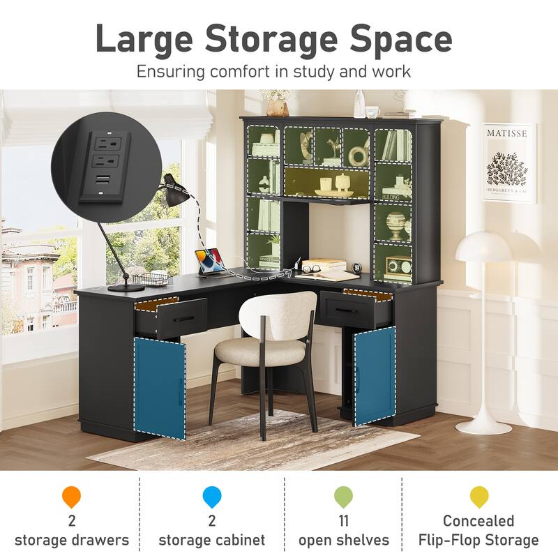 Roomfitters L-Shaped Computer Desk with Hutch, 2 Cabinets, 2 Drawers and 11 Open Shelves, with Power Outlet