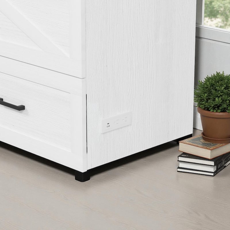 Queen Farmhouse Murphy Cabinet Bed with Charging Station and Large Storage Drawer, Foldable Space-Saving Platform Bed