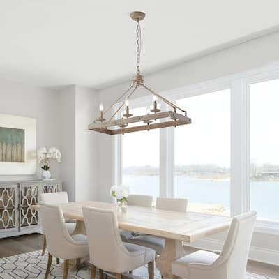 6 - Light Wood Like Antique Metal Kitchen Island Rectangle Pendant Lamp Chandelier - Milk White