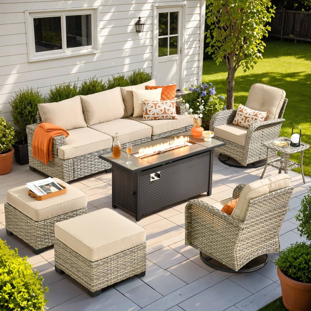 OVIOS 9 Pieces T shaped Seat Curved Swivel Chair Set With Fire Pit