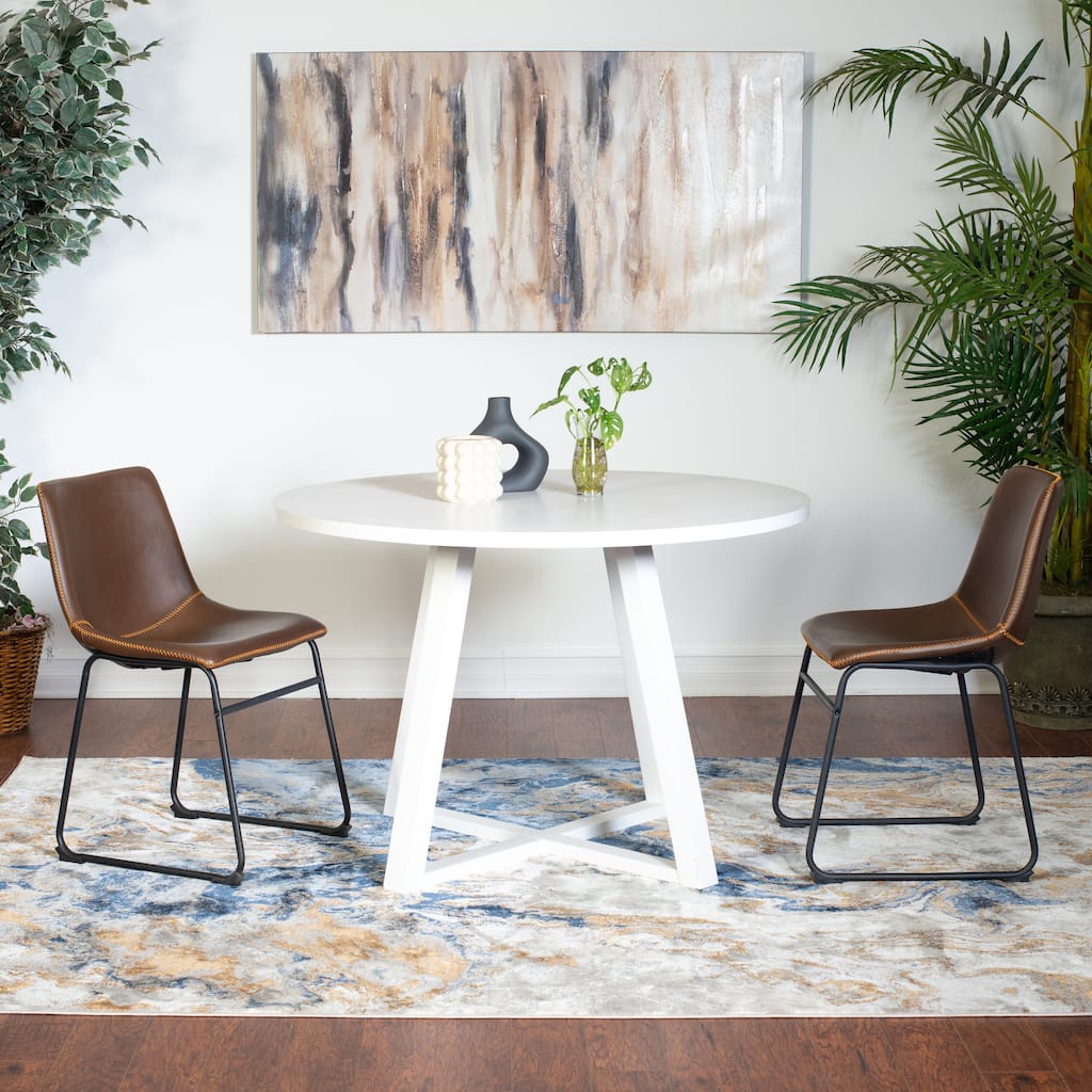 Stylish Dining Table and Chair Set, Round Dining Table with Trestle, Leather Barrel Chairs with Sled Base