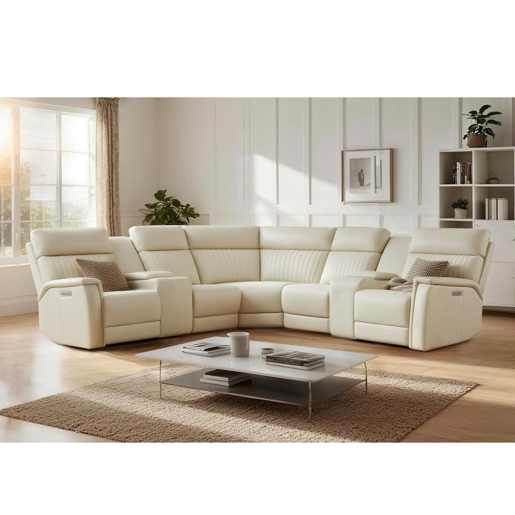 7PCS, 3 Power Recliners, Leather Reclining Sectional with Zero Gravity, USB Port & USB-C Port
