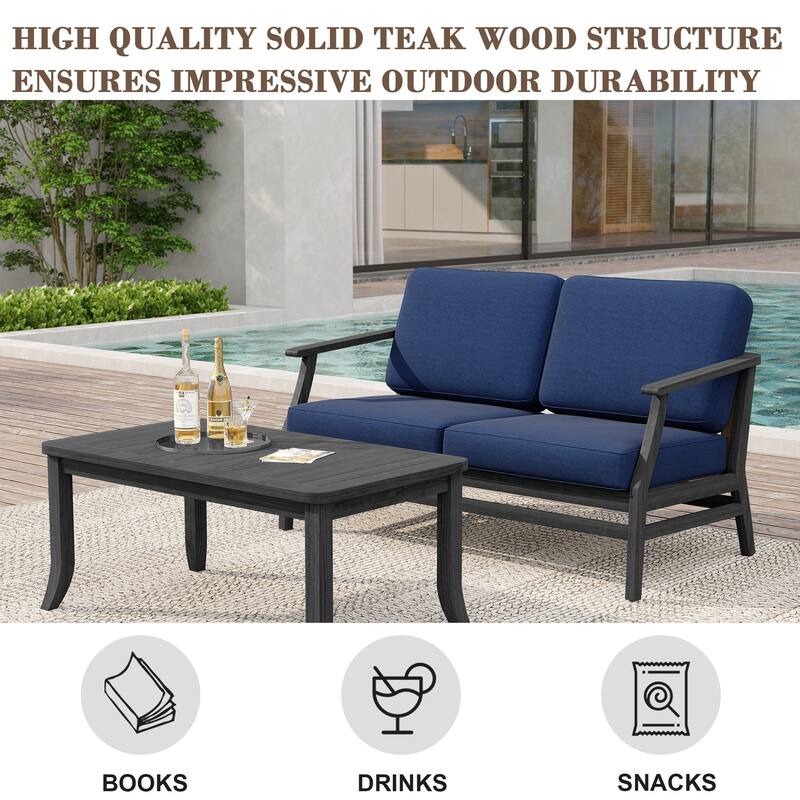 Teak Wood Patio Outdoor Loveseat Sofa and Coffee Table Set