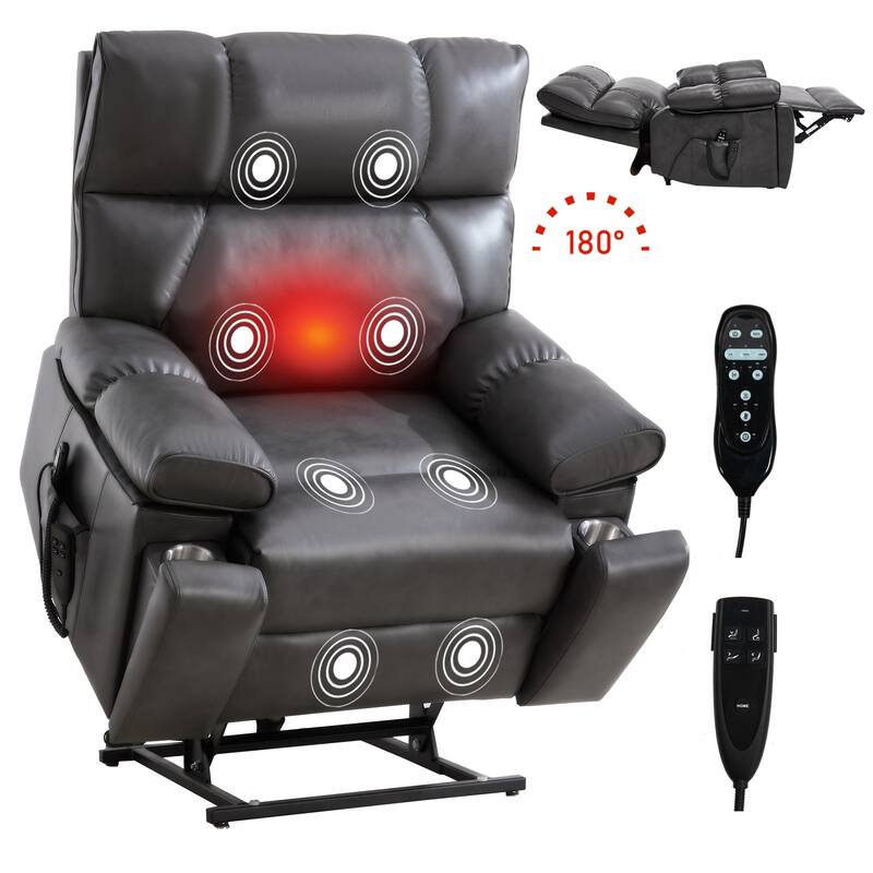 Leatheraire Heat Massage Dual Motor Infinite Position Up to 350 LBS Large Electric Power Lift Recliners with Hidden Cup Holders