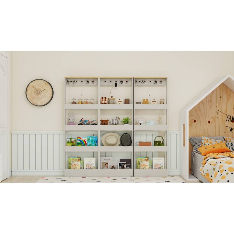 69" Tall Bookcase with 4 Shelves and 5 hooks, Wall Mounted Space-Saving Narrow storage cabinet for Living Room