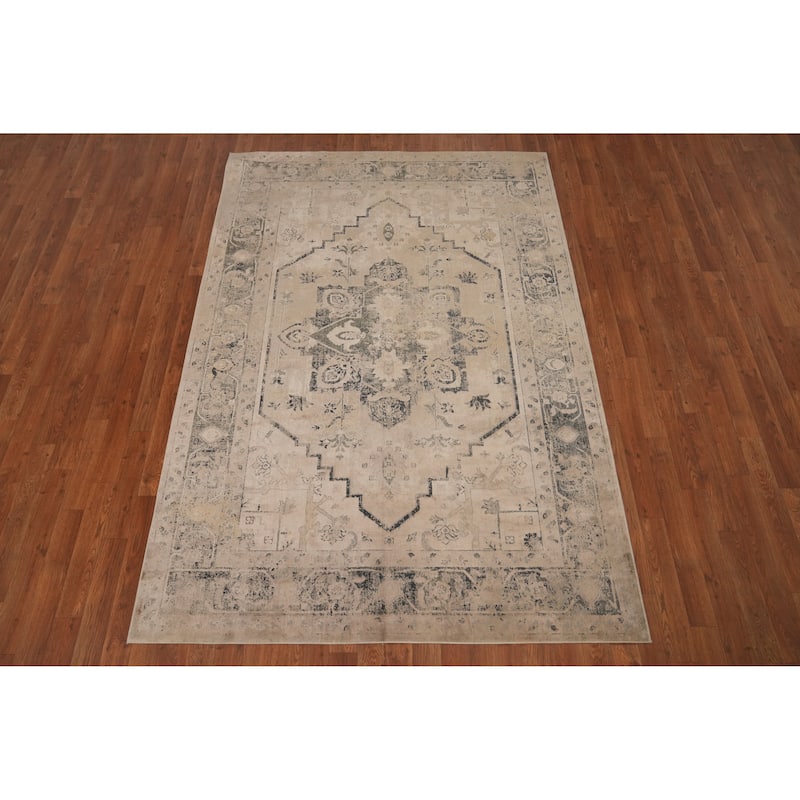 Machine Made Oriental Polyester Carpet Traditional Medallion Brown Heriz Area Rug - 7' 5'' X 5' 2''