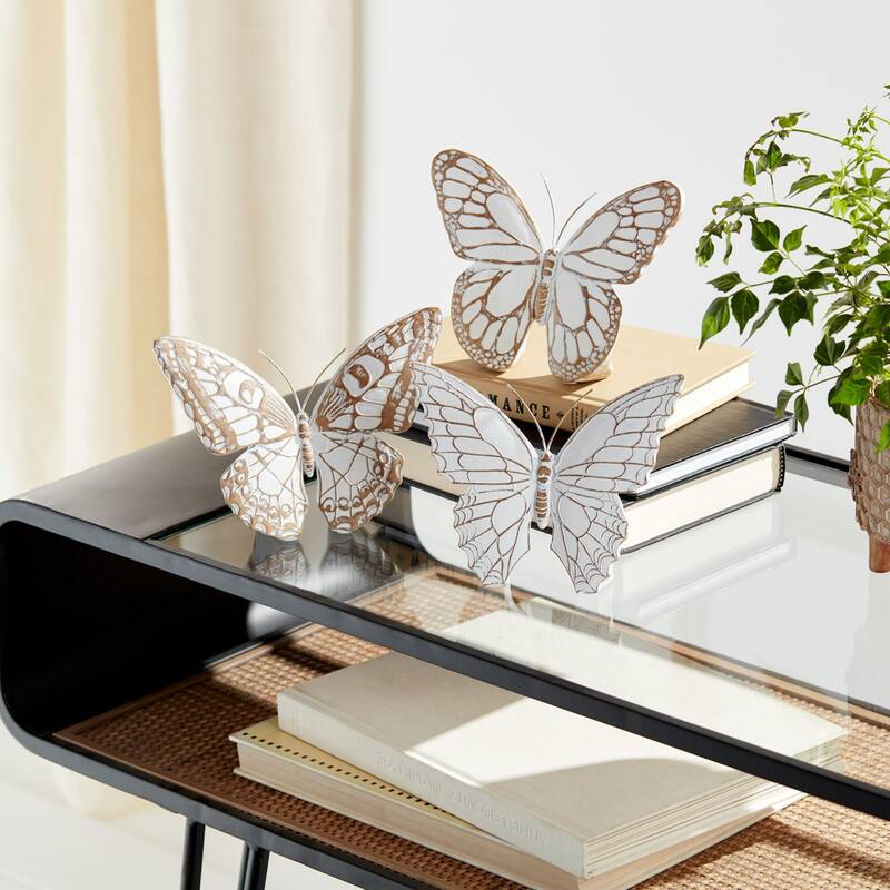 Butterfly Tabletop Figurines - 7.25" - White and Brown - Set of 3