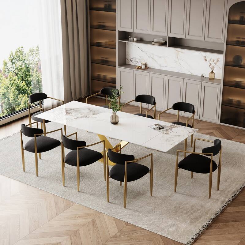 9 - Piece 94.48'' Modern Minimalist Extendable Sintered Stone Top Dining Set with 8 Fabric Chair