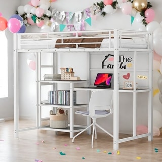 Twin Size Loft Bed With Desk And Whiteboard And 3 Shelves And Ladder for Home