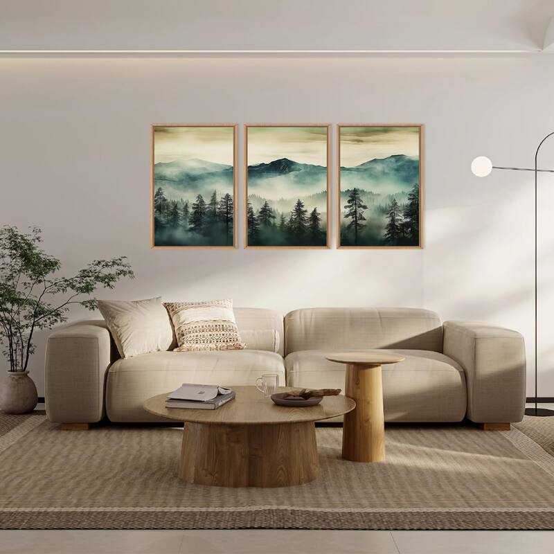 Green Foggy Forest Mountain Framed Canvas Wall Art Set