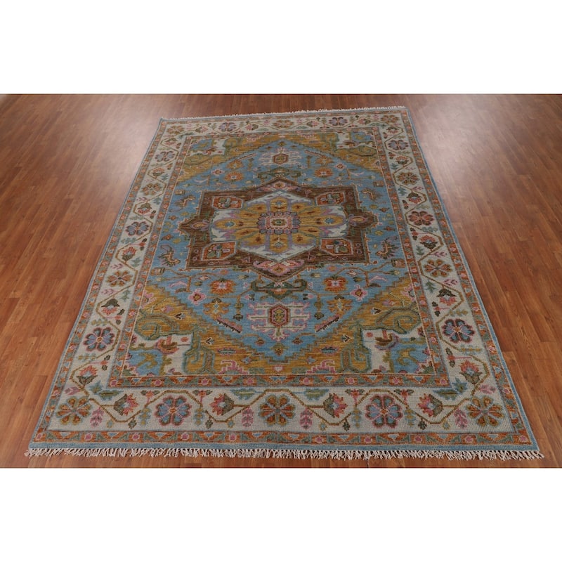Blue Geometric Heriz Serapi Indian Area Rug Handmade Wool Carpet - 7'10"x 10'0"