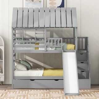Twin over Twin House Bunk Bed with Trundle and Slide, Storage Staircase, Roof and Window Design