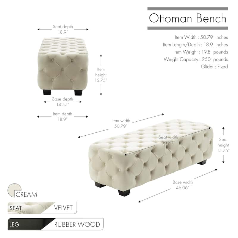 Porthos Home Kyle Velvet Ottoman Bench with Rubberwood Legs