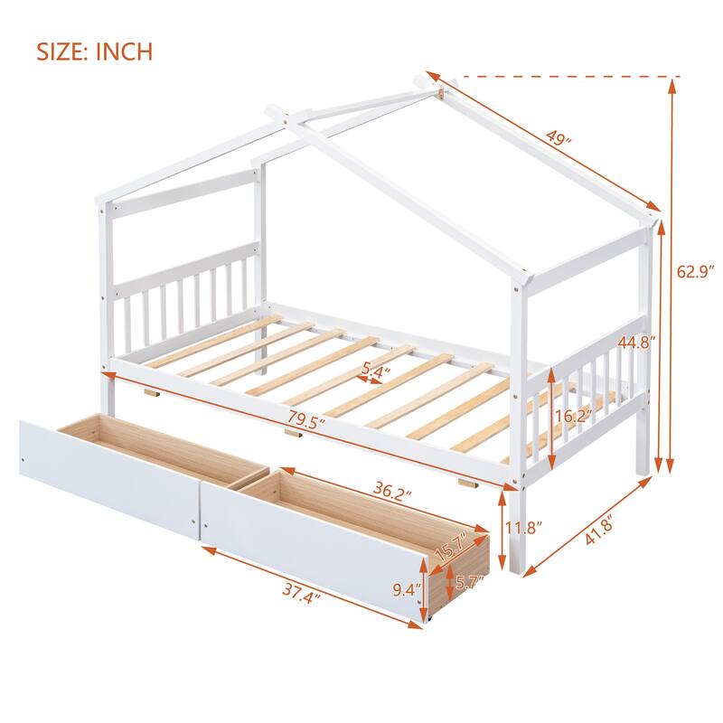 Twin Size Wooden House Bed with Drawers, Kids House-Shaped Daybed with Roof and Storage, Pinewood Frame, No Box Spring Needed