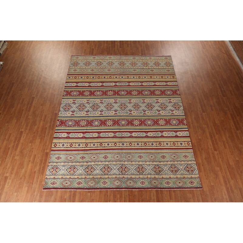 Striped Kazak Geometric Area Rug Wool Carpet - 9'10" x 12'9"