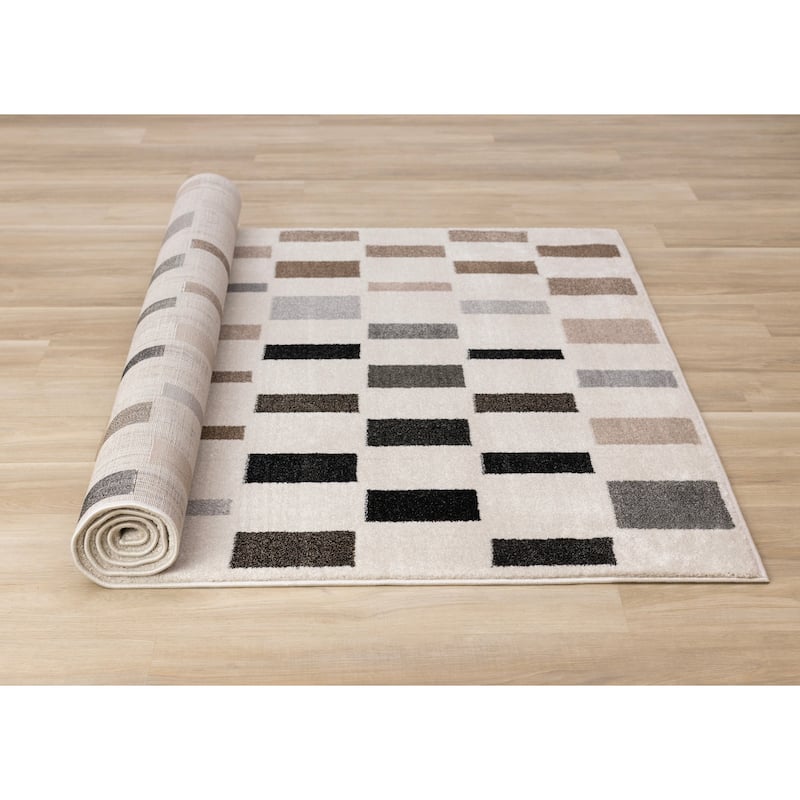 Black Grey White Taupe Rectangle Rows High-Traffic Rug