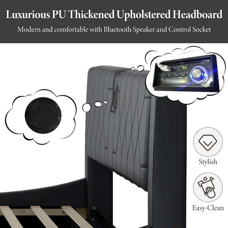 Luxurious Faux Leather Upholstered Platform Bed with Thickened Headboard, tooth Speakers and RGB LED Light