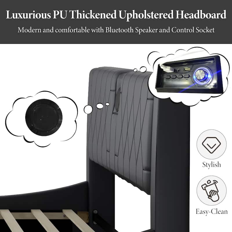 Queen Size Luxurious Faux Leather Upholstered Platform Bed with Thickened Headboard, Bluetooth Speakers and RGB LED Light
