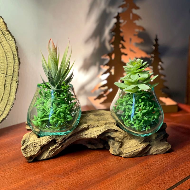 10.5" Double Molten Glass Bowls On Driftwood Hand Blown Planter