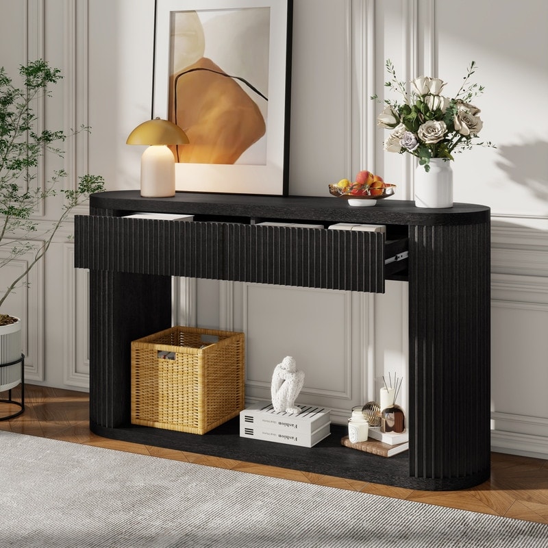 Oval Fluted Console Table with 2 Drawers and Bottom Shelf