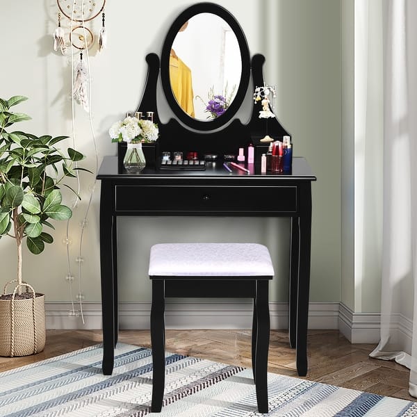 Vanity Wooden Makeup Dressing Table Stool Set -Black Vanity Wooden Makeup Dressing Table Stool Set -Black