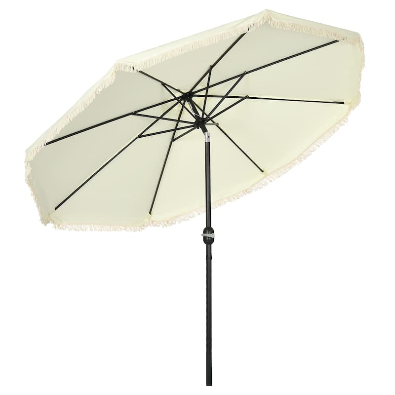 Outsunny 9ft Patio Umbrella with Push Button Tilt and Crank, Ruffled Outdoor Market Table Umbrella with Tassles and 8 Ribs