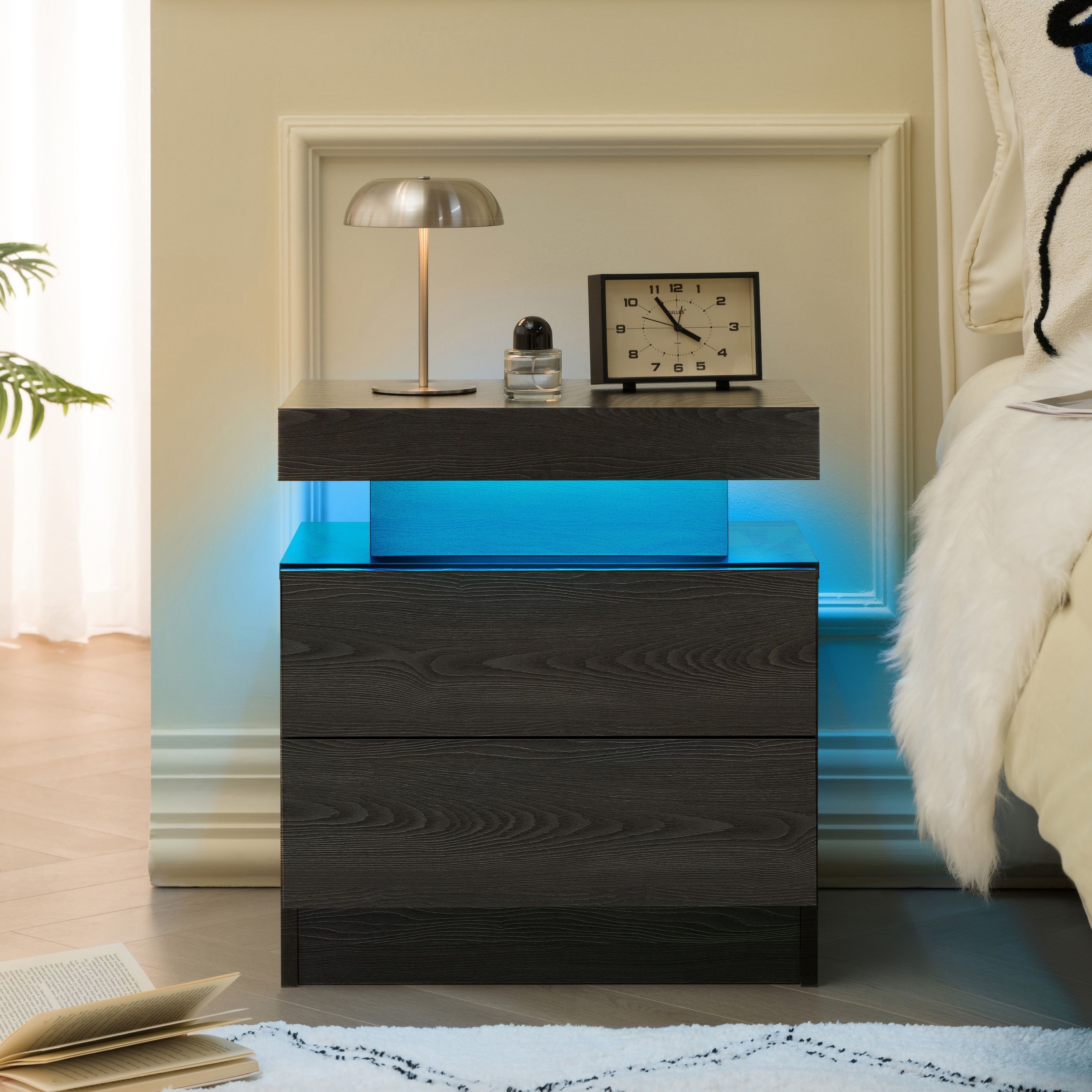 Nightstand LED Bedside Table Cabinet Lights Modern End Side with 2 Drawers for Bedroom (Black Woodgrain)
