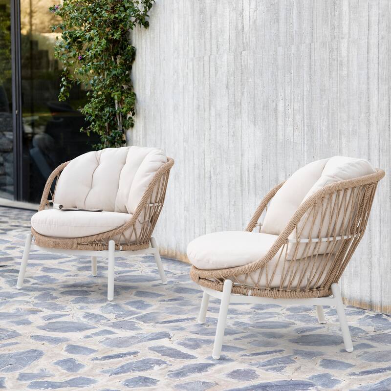 Outdoor 2-Piece Aluminum Rattan Single Sofas with Beige Cushions