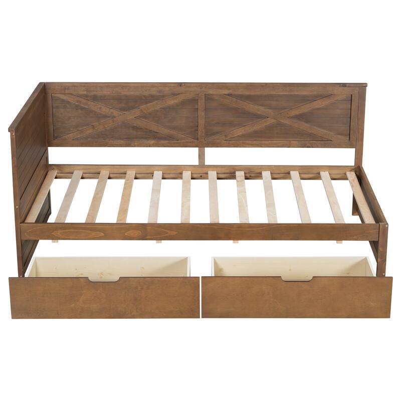 Wood Daybed with 2 Drawers and Rustic Guardrail