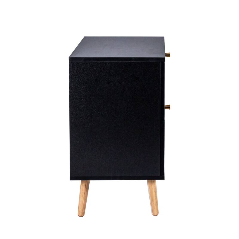 Wooden Nightstand with Rattan-Woven Storage Cabinet and 2 Drawer, Exquisite Elegance with Natural Storage Solutions for Bedroom