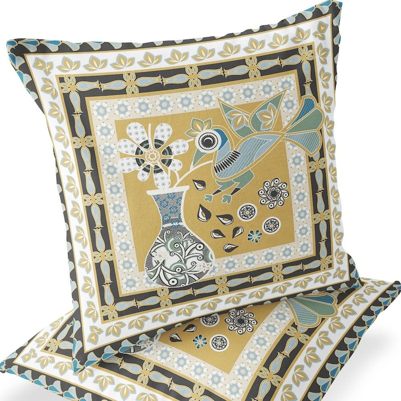 HomeRoots Set of Two 16" X 16" Beige and White Peacock Blown Seam Floral Indoor Outdoor Throw Pillow - 16.00' X '16.00' X '5.00