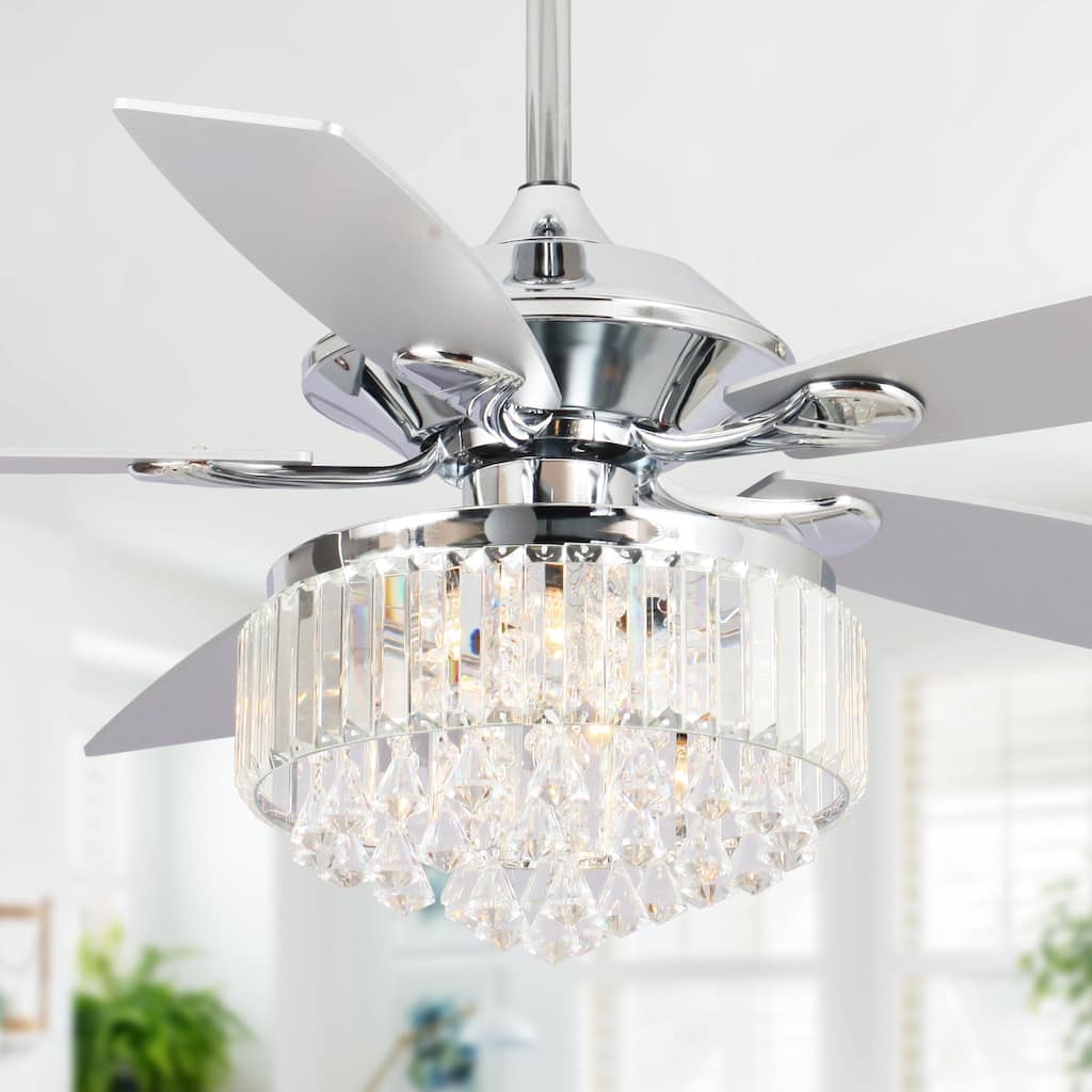 52" Chrome Downrod Mount Crystal Chandelier Ceiling Fan with Light and Remote Control - 52 in. W X 52 in. D X 20.5 in. H
