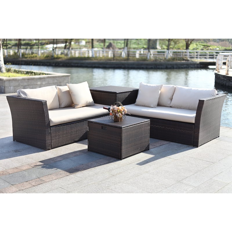 SAFAVIEH Outdoor Makala Sectional Set with Storage - 58W x 26D x 32H - Brown/Beige