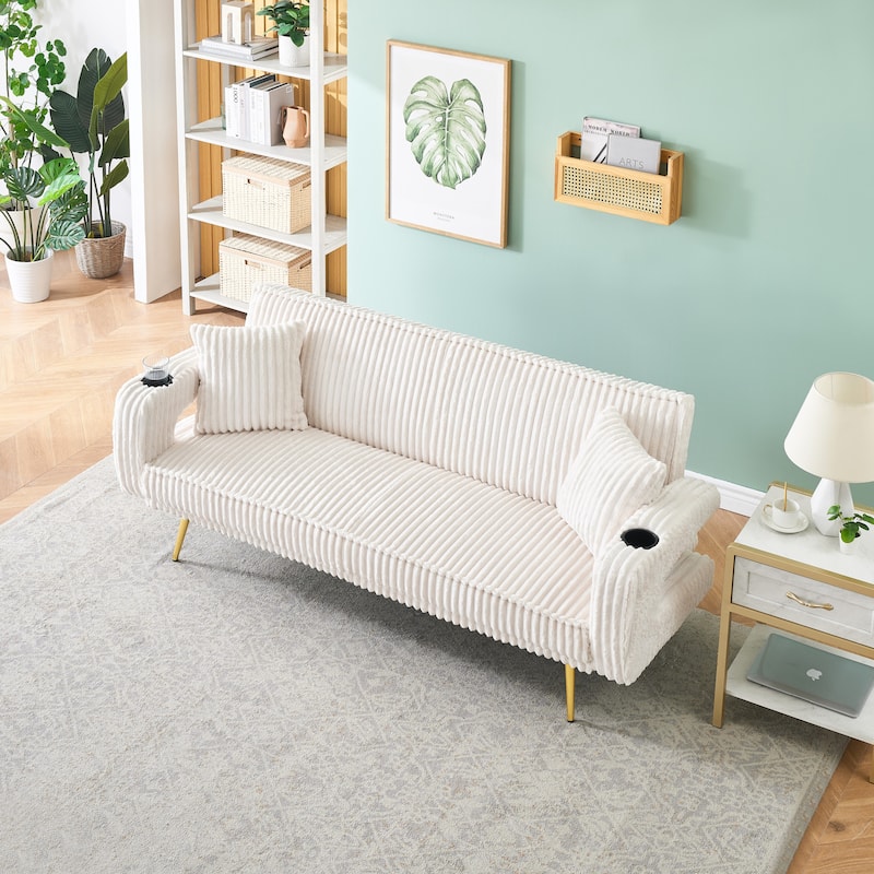 Loveseat Sofa, Adjustable Backrest Corduroy Love Seat Bed w2 Cup holder & 2 Pillows Living Room 2-seat Hollow Armchair