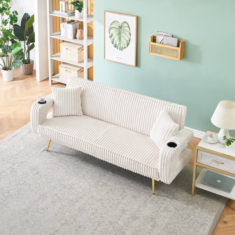 Three-gear Adjustable White Corduroy Sofa with 2 Throw Pillows for Living Room and Study