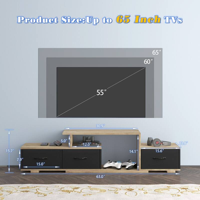 TV Stand, wood drawers for TV Cabinet for Living Room, Entertainment Center with 3 drawers