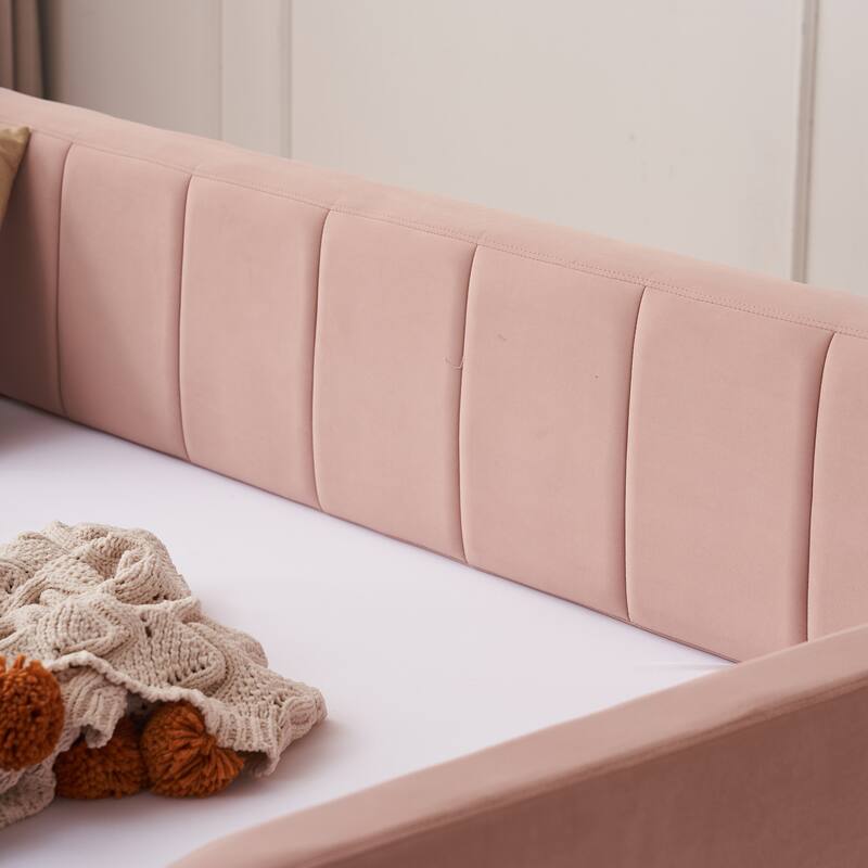 Twin Size Velvet Upholstered Daybed, Wood Sofa Bed Frame Daybed Couch with Trundle Bed and Wood Slat