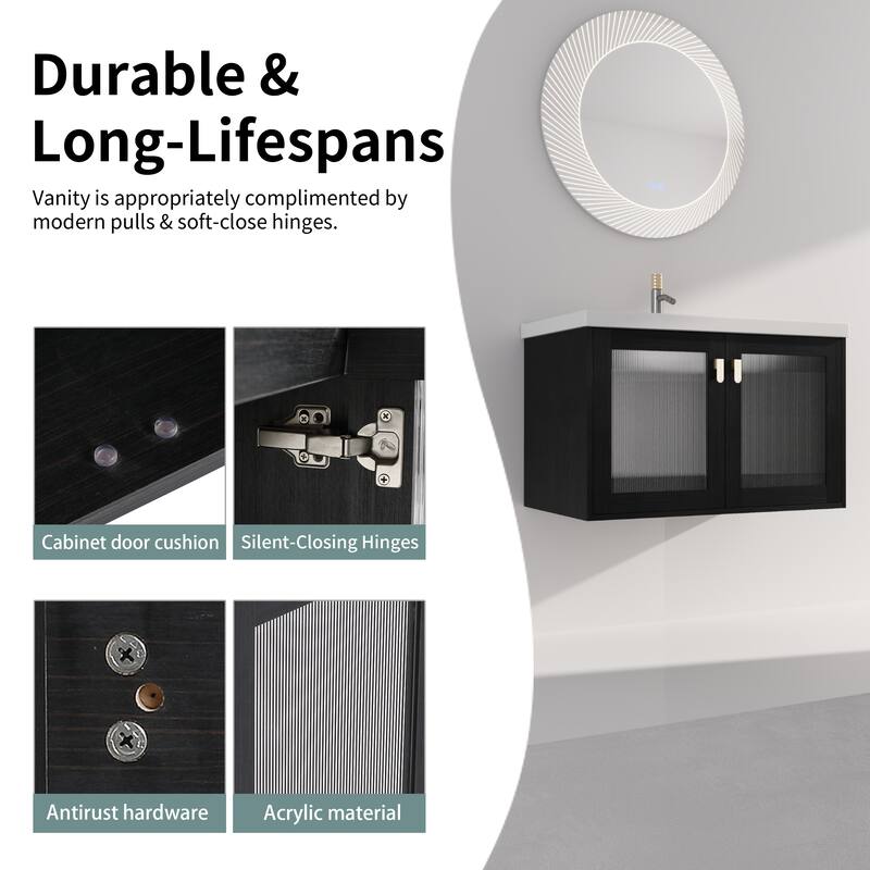 Wall-Mounted Bathroom Vanity with Ceramic Sink, Soft-Closing Doors, and Metal Handles, Black Chestnut Finish - 31.9in L Plywood