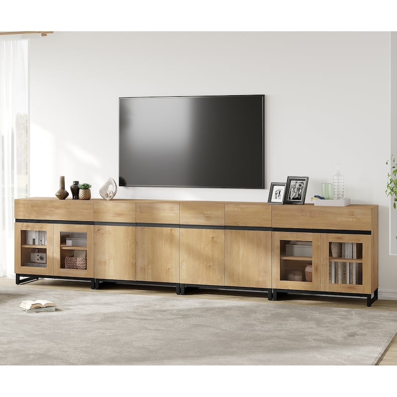 Modern TV Stand for 120" TVs, 4-in-1 Console with Glass Doors & 2 Drawers - 126 inches - Oak